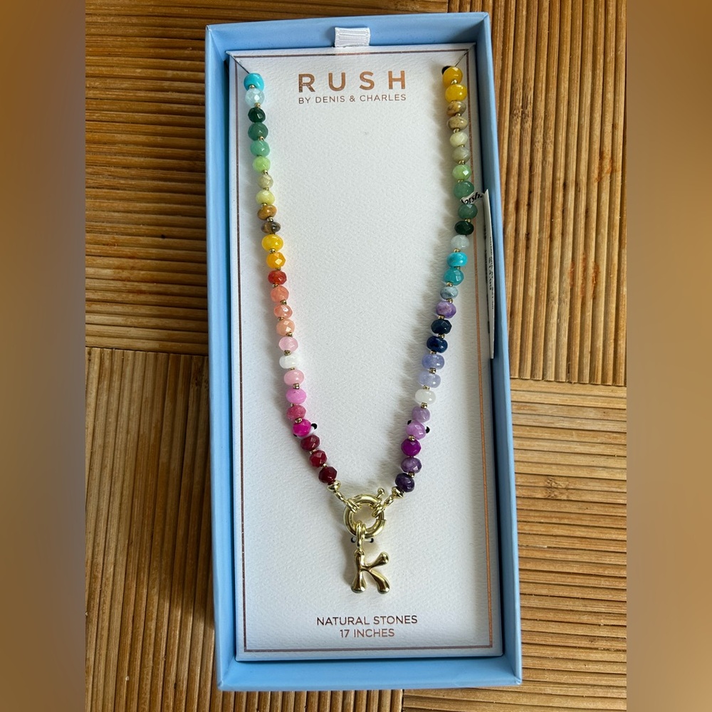 RUSH by Denis & Charles Rainbow Multicolor Natural Stone Necklace with “K” Charm